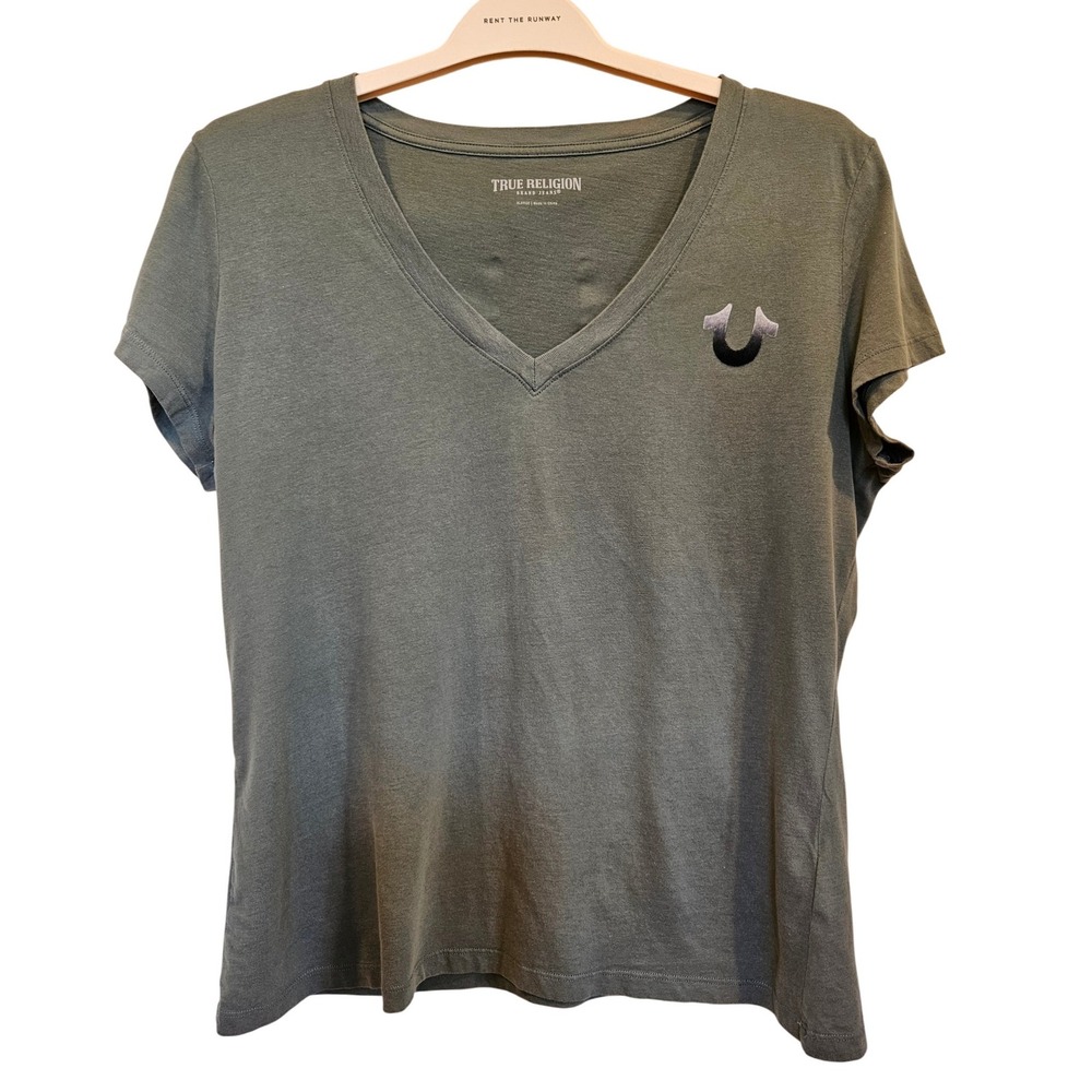 True Religion Womens XL Flocked HS Slim V Neck Tee Olive Green T Shirt